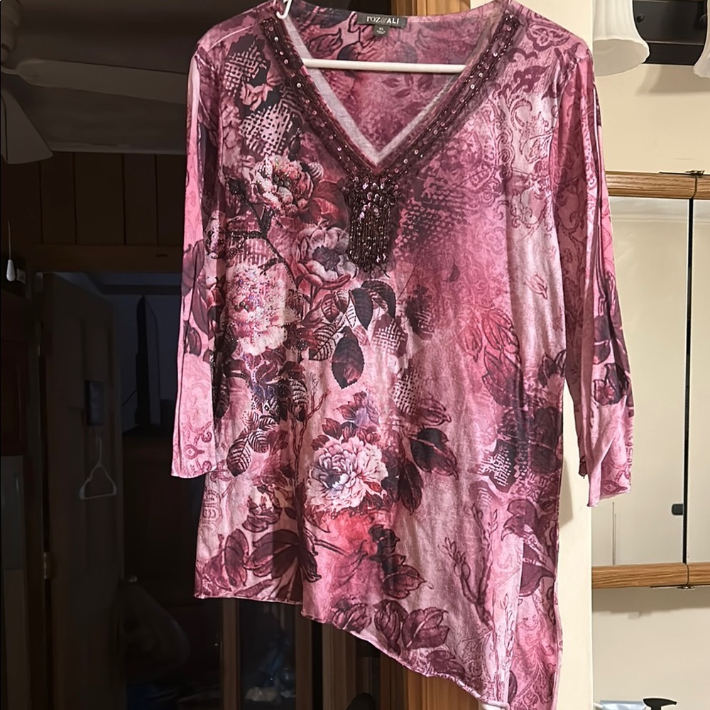 Roz & Ali Pink and Purple Asymmetrical Blouse with Embellished Neckline